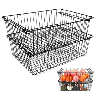 Set of 2 Stackable XXL Wire Baskets For Pantry Storage and Organization -16x12in Large Metal Food Baskets - Pantry Storage Bins With Handles (Black, XXL)