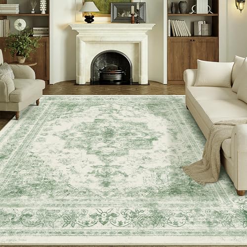 PureCozy Sage Green Area Rug 6x9 Living Room Washable Carpet Vintage Distressed Non Slip Bedroom Carpet Neutral Low Pile Retro Floral Farmhouse Large Rug Home Office Dining Room Playroom 6'