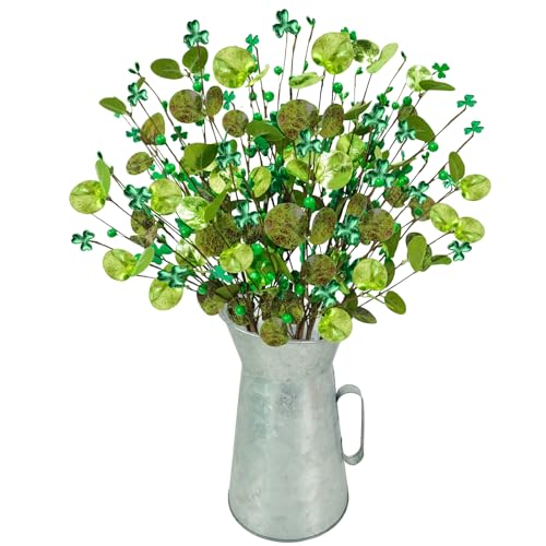 Krissing 4Pcs St Patricks Day Decorations 24inch Artificial Shamrock Berry Stems with Metal Pot Glitter Shamrock Picks in Vase for Home Room Table St. Patrick's Decor
