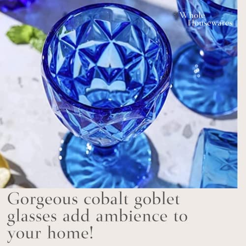 Whole Housewares | Goblet Glass Drinkware Set | Vintage Drinking Cups | 9.5Oz Water Goblets Glasses | Set Of 6 Colored Glassware For Kitchen | For Wedding Or Parties | Cobalt Blue Diamond Pattern #TOP5
