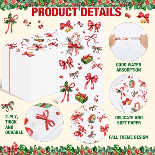 Pajean 100 Pack Christmas Paper Guest Napkins Vintage Disposable Bathroom Napkins Candy Cane Buffalo Plaid Ribbon Bow Christmas Poinsettia Decorative Hand Towels for Xmas Holiday Party Kitchen Dinner – Image 4