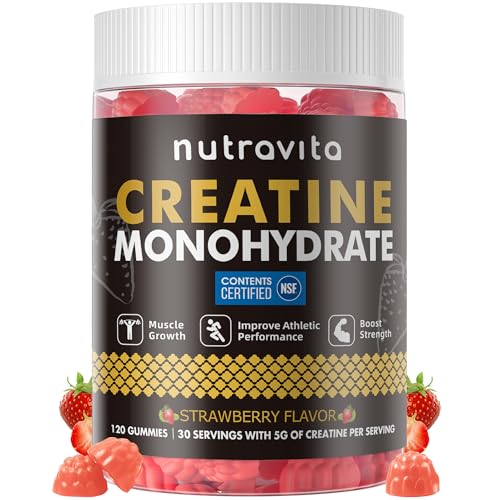 Nutravita NSF Certified Creatine Gummy - Creatine Monohydrate Gummies for Men & Women-5g of Creatine Monohydrate per Serving - Sugar Free Vegan Strawberry Flavor 120 Count