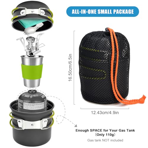 Odoland Camping Geschirr Set 10-teiliges Outdoor Kochgeschirr Aluminium Camping Töpfe Becher Faltbare Besteck Mini Campingkocher für Outdoor Picknick Wandern