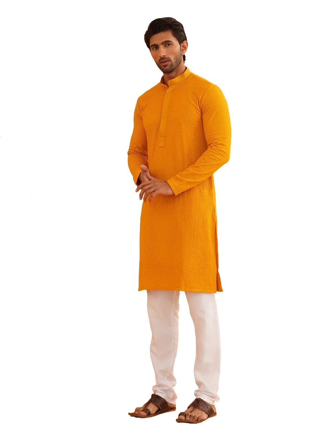 (Since 1958, Men's Cotton checked Embroidered Kurtra & White Pyjama Set-image-37