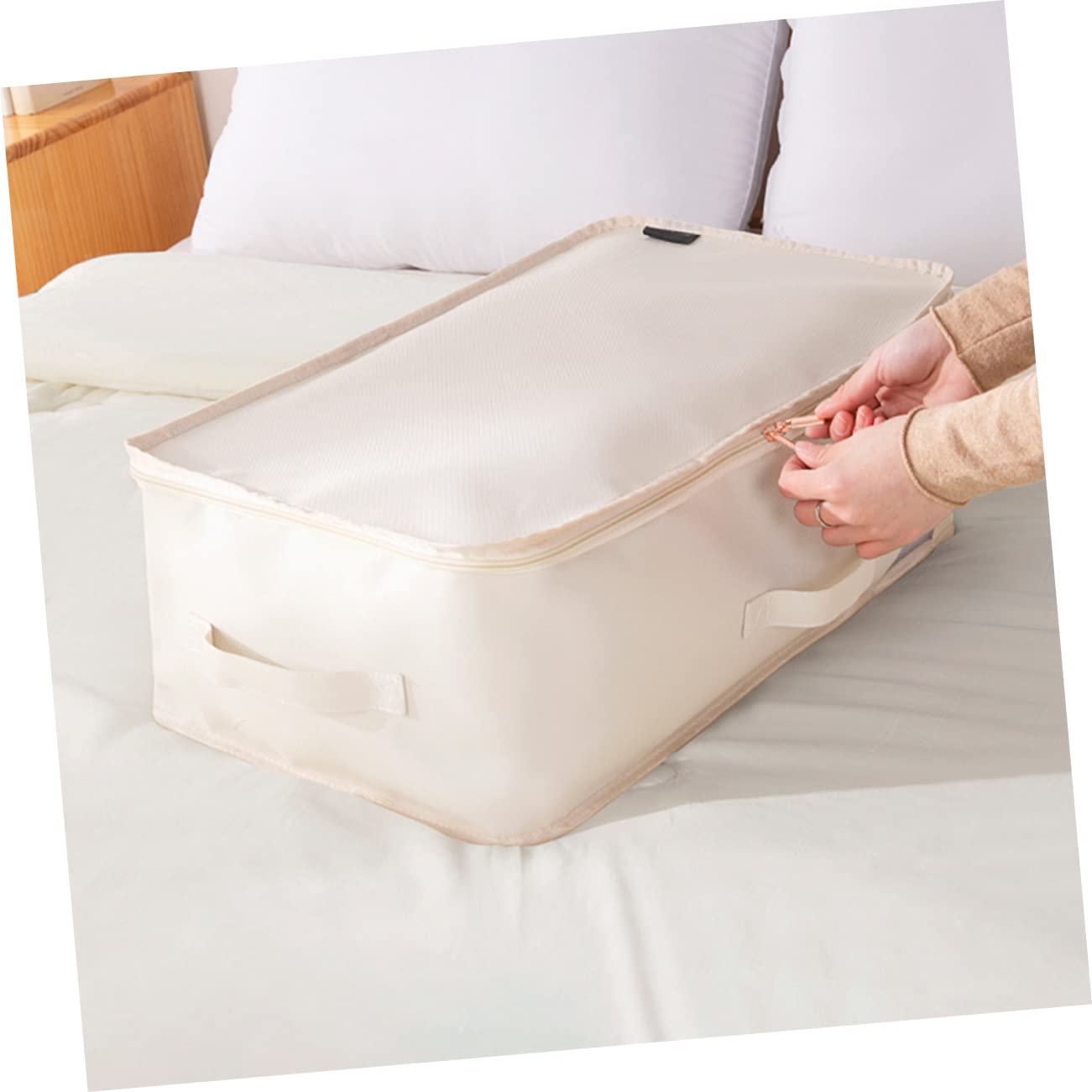 VICASKY Contenitore Pieghevole Sottoletto per Coperte Beige Grande | Oxford Cloth, Rete in Nylon e Pe, Apertura Zip, Facile da Spostare, per Vestiti e Giocattoli
