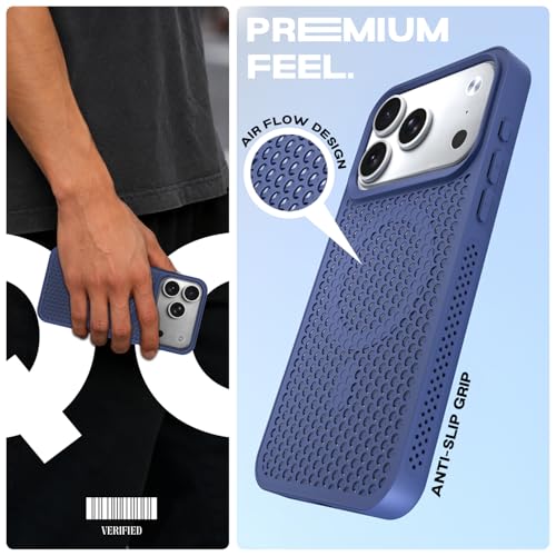 Image of Outlouders Back Cover for iPhone 17 Pro Max | Honeycomb Cooling Design | Silicone Heat Dissipation | Mag-Safe Compatible | Shockproof Camera Protection Bumper Case (Blue Mag-Safe)