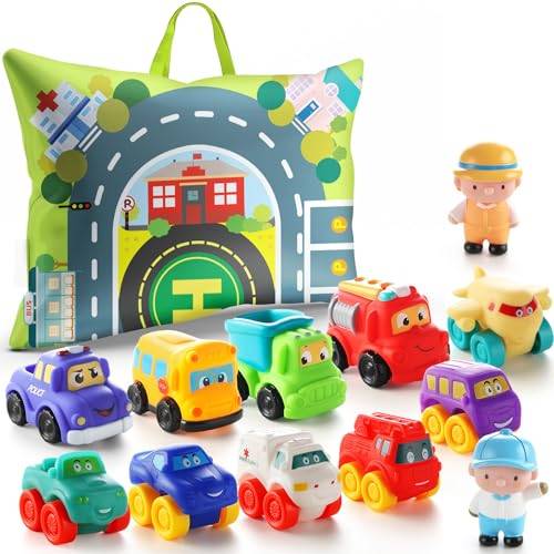 lerrbo Giocattolo Auto in Gomma Mollissima per Bambino di 1 Anno con Tappetino da Gioco|12 Auto Cartone Animato Baby Toys per Bambini dai 12 ai 18 Mesi e Toddler dalle 1 alle 2 Anni