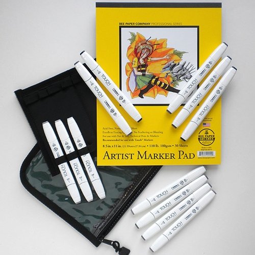 Touch Brush Marker Set of 12 Warm Grey Brush Colors with Case and 8.5"x11" Marker Pad