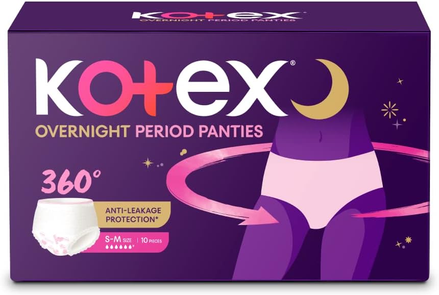 Kotex Overnight Period Panties (Small/Medium, pack of 10) for heavy flow | 360° anti-leakage, airy-soft design | 1 panty ≈ 3 regular pads