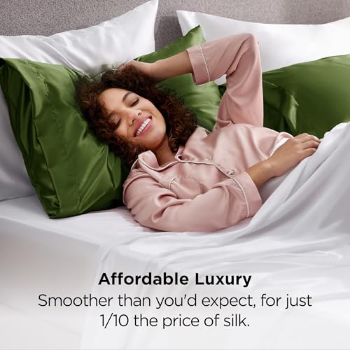 Image of Bedsure Satin Pillowcase 2 Pack Similar to Silk Pillow Cases Standard Size, Pillow Case for Hair with Envelope Closure, Olive Green Room Decor Aesthetic Gifts for Women, Moss, 20x26 Inches, 2pcs