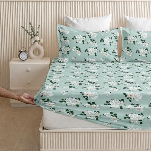 Image of 230 TC Glace-Cotton All Around Elastic Fitted Bedsheet, Elastic Fitted Bedsheet King Size Bedsheet for Double Bed with 2 Pillow Covers, Size - 72 x 78 x 8 Inch Color White