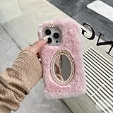 CrazyLemon 適用 iPhone 14 ケース かわいい ふわふわ 毛玉 おしゃれ 綺麗 贅沢 パール ミラー 鏡面 化粧鏡付き デザイン 冬日 暖かい 実用 人気 レディース 女性用 アイフォン14 ケース 保護カバー 耐衝撃 スマホケース (Cute Fluffy Mirror Case) - ピンク