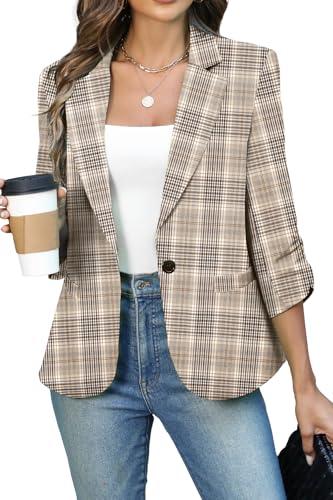 ELLEVEN Womens Ruched 3/4 Sleeve Slim Fit Blazer Khaki Plaid Large