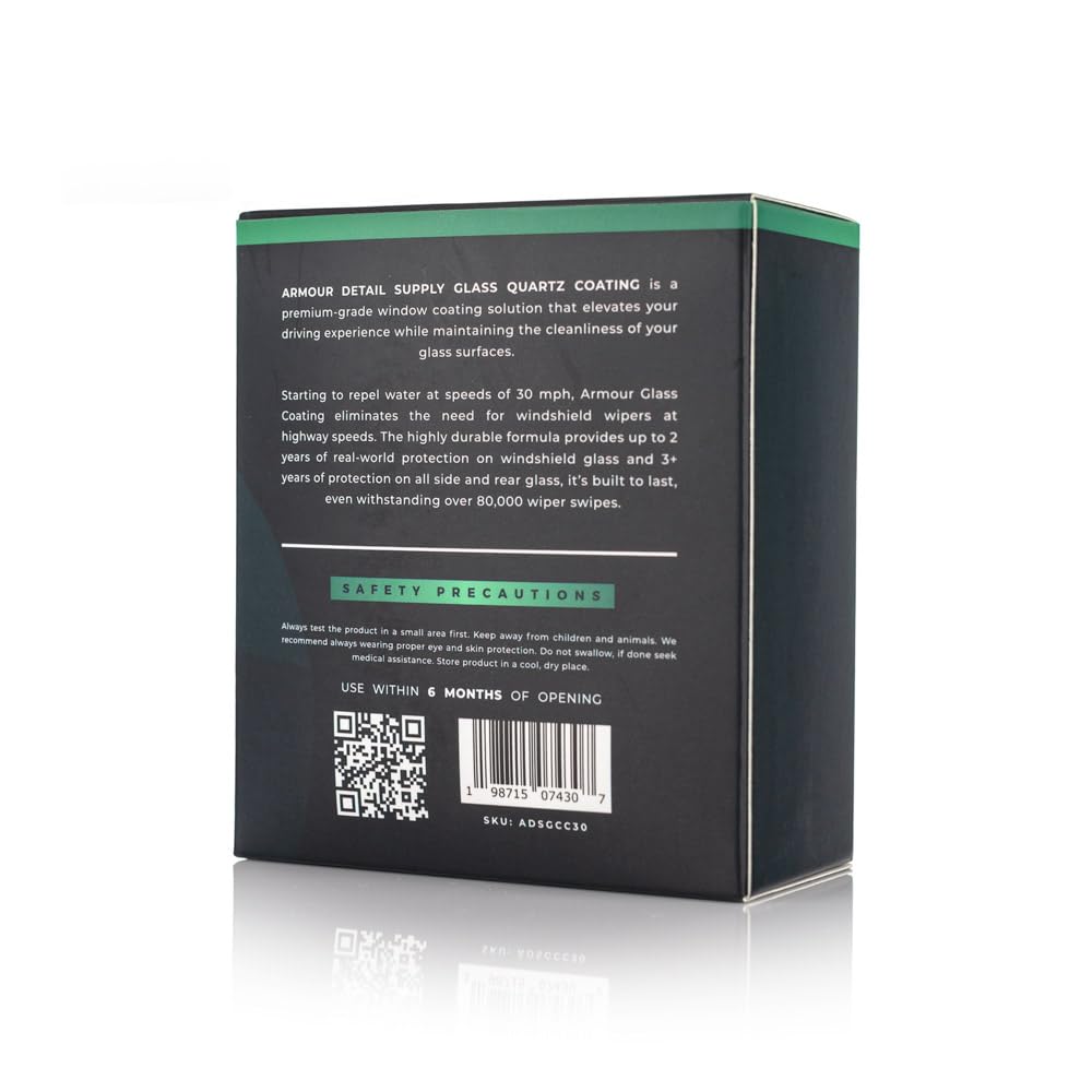 Armour Detail – Revêtement en verre – Protection hydrophobe de qualité supérieure pour pare-brise, vitre latérale et arrière ; durée de vie jusqu'à 2 à 3 ans ; applicateur et instructions incluses (30