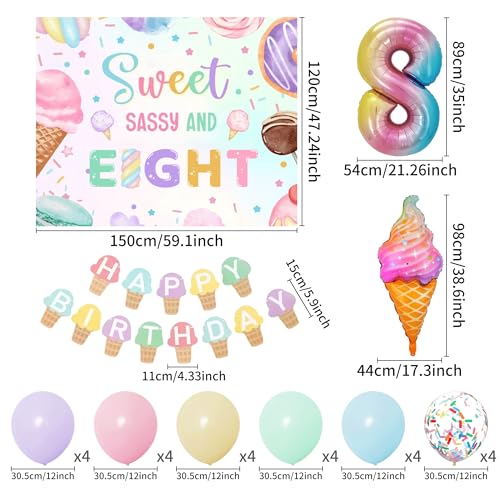 Image of Sweet Sassy and Eight 8th Birthday Decorations for Girls Ice Cream Balloon | 8 Year Old Birthday Decorations Girls Sweet Sassy and Eight Backdrop 8 Balloons Ice Cream Banner 8th Birthday Party Supplies