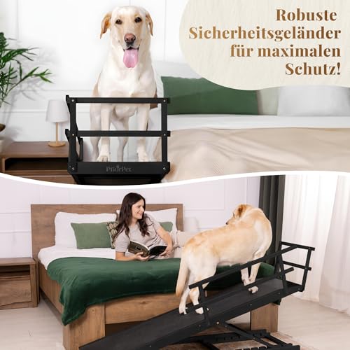 Hunderampe Bett mit Sicherheitsgeländer - Für Große Hunde bis zu 90 kg - Höhenverstellbare hundetreppe für Betten bis zu 94.5cm - Breite 49,5 cm - Klappbar - Anti-Rutsch-Griff - Birkenholz - Schwarz