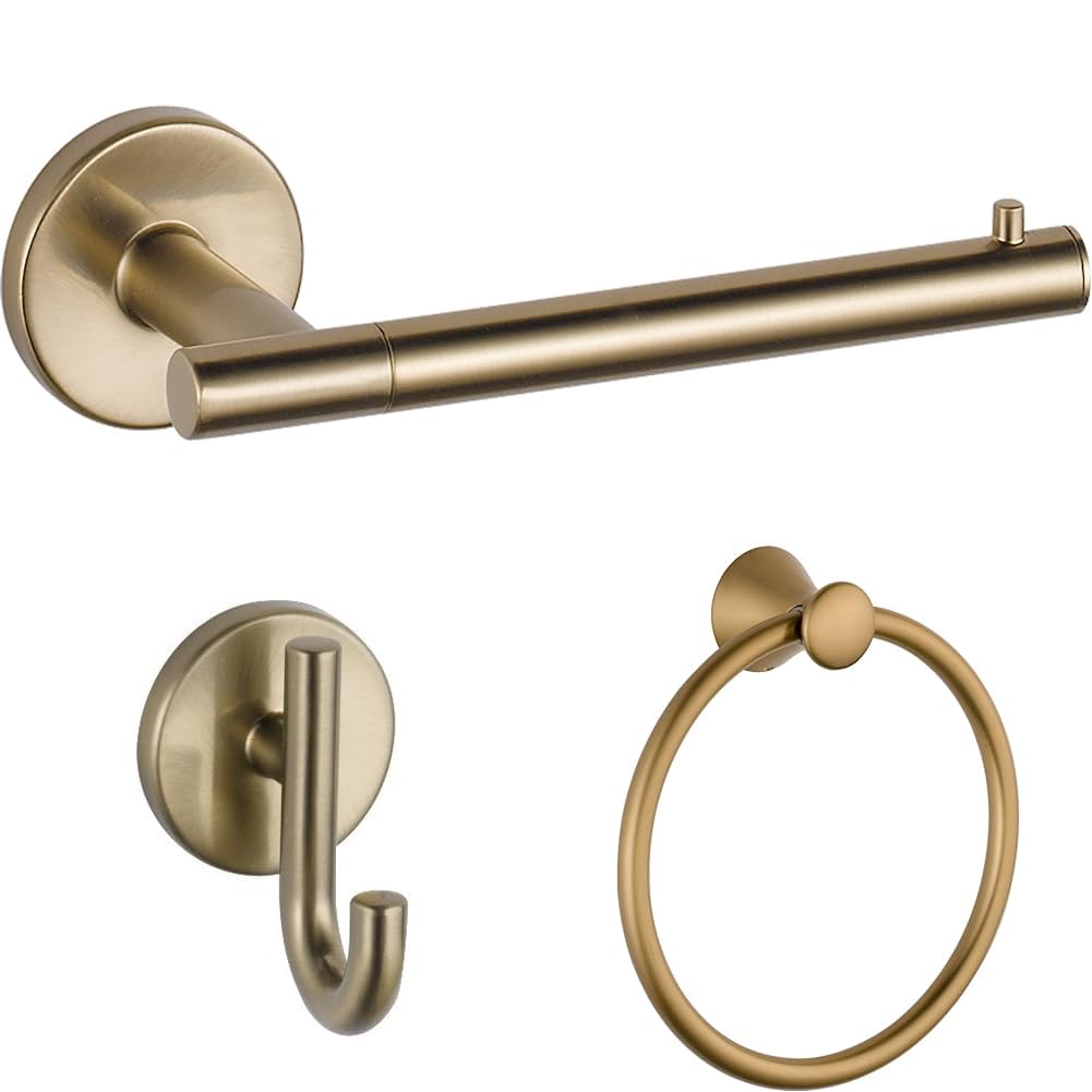 Delta Faucet 75950-CZ Trinsic Toilet Paper Holder, 3.31 x 7.00 x 3.31 Inches & 75935-CZ Trinsic Towel Hook, 2-1/4 Inches & 73846-CZ Lahara Wall Mounted Towel Ring in Champagne Bronze, Bath Accessories