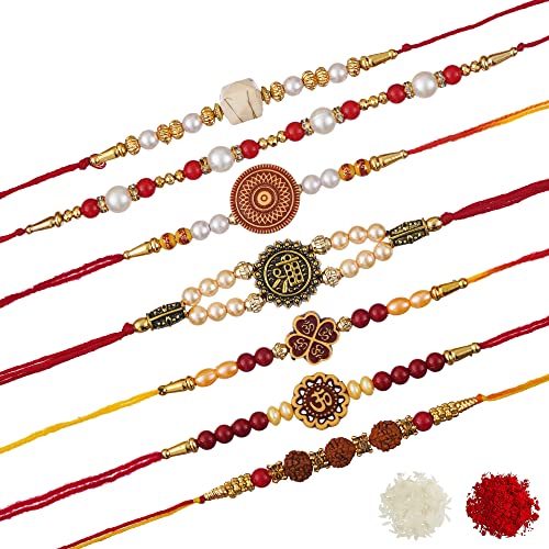Image of eCraftIndia Set of 5 Blue & Golden Religious Designer Rakhis for Brother Bhabhi Bhaiya Bhai Kids