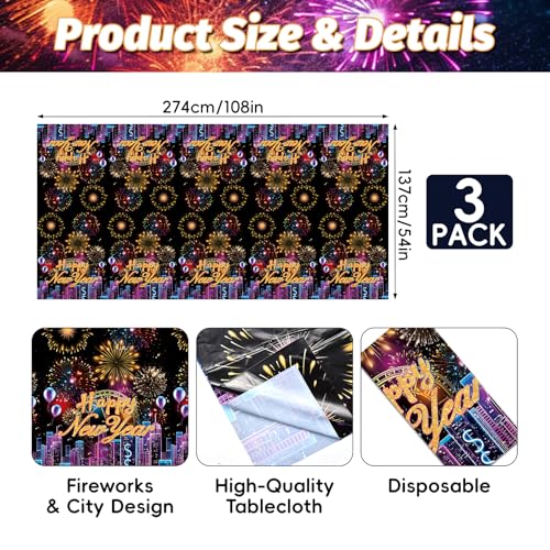 Image of Gistome 3-Piece 54 x 108 Inch Happy New Year Plastic Tablecloth - Fireworks and City Skyline Disposable Table Covers for New Year's Eve Parties, Countdown Celebrations, and Holiday Decorations