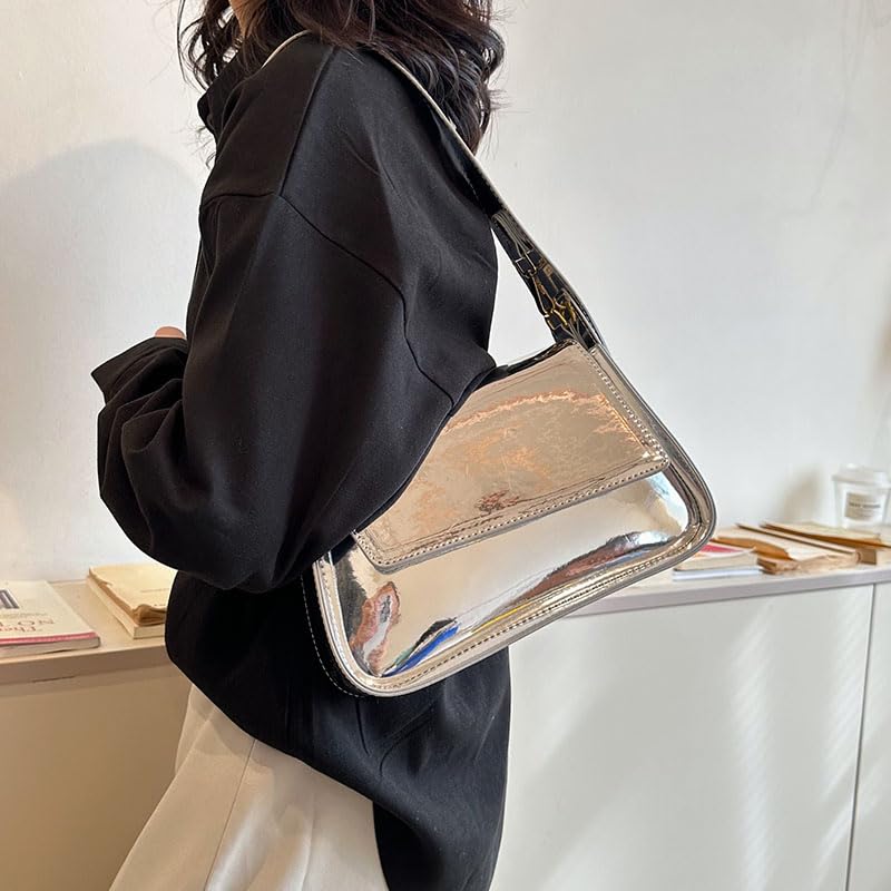 Image of Women's Y2k Silver Metallic Hobo Purse - Sparkly Evening Shoulder Bag for Party, Wedding, Going Out Handbag | Metallic Evening Bag