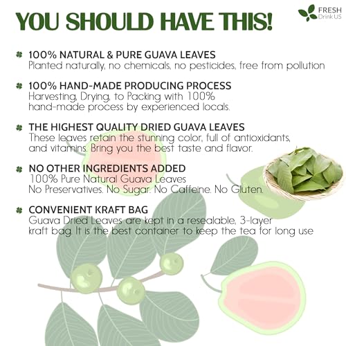 FreshDrinkUS, Premium 16oz Guava Dried Leaves (CUT & SIFTED), 100% Natural & Pure from Dried Guava Leaves, Guava Loose Leaf Tea, No Additives, No Caffeine, Vegan
