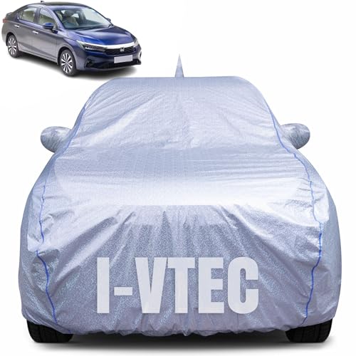 Image of 100% Waterproof Car Body Cover for Honda City i-VTEC (2014-2020) with Mirror Pocket, Heat & UV Resistant, Triple Stitched, Soft Lining, Bottom Elastic & Piping (Silver Reflective)