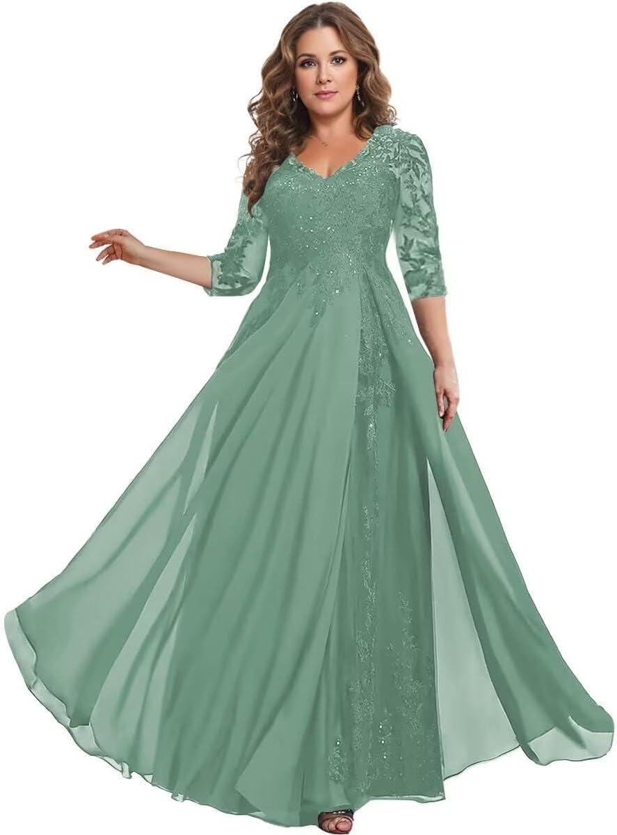 Women's Chiffon V Neck Mother of The Bride Dresses for Wedding Long Lace Applique Formal Evening Gowns with 3/4 Sleeve PG047