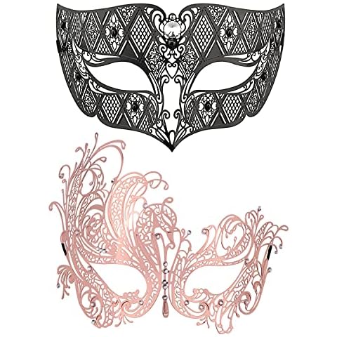 Coddsmz 2 Pack Set Masks Masquerade Ball Halloween Costumes for Men and Women (Black+Rose Red) Cover