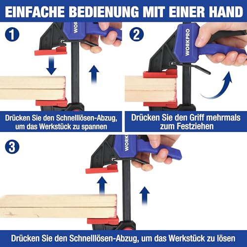WORKPRO Einhandzwingen Set 6 Stück, 150mm Schraubzwinge Set Spannkraft 22,5kg/68kg, Spannweite 150mm, 4 Klassik & 2 Mini Schraubzwingen für präzises Fixieren und Holzarbeit