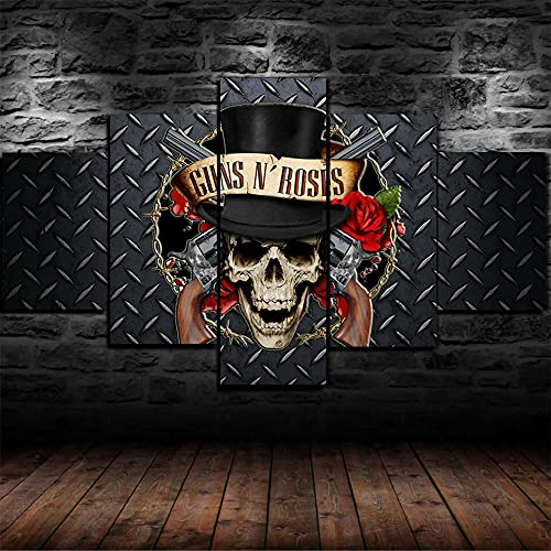 Cinco piezas de lienzo Guns Roses Print Wall Art Decoración para el hogar Imágenes impresas en HD Póster Pinturas Sala de estar enmarcada 150x80cm Cover