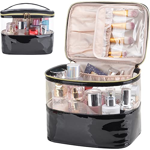 MKPCW Make up Bag Portable Makeup Bag Large Travel Makeup Case Organizer Cosmetic Bag for Women Girls Toiletry Bag Traveling with Handle and Divider (Black)