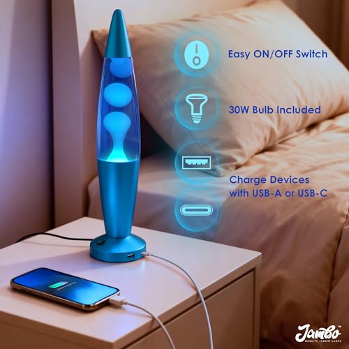 Image of JAMBO Beautiful Liquid Lamp with USB Ports,16 inch Motion Light with Blue Liquid White Wax, Relaxing Nightlight, Mood Light for Bedroom, Living Room, Office - Adults, Teens, Kids