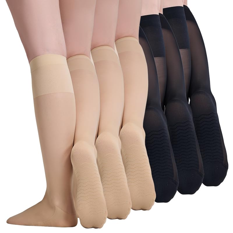 Yilanmy 6 Pairs Knee High Stockings for Women, 30D Sheer Nylon Knee High Hose Non Slip Calf Stockings with Reinforced Toe