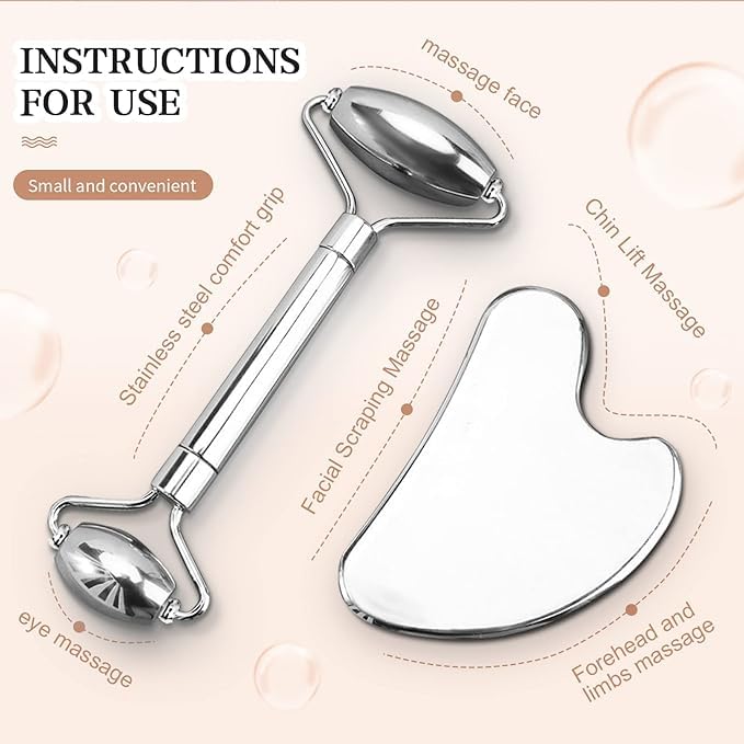 Image of Stianless Steel Roller & Gua Sha Set | Skin Tightening Anti-Aging Facial Roller Massager for Women & Men | Skin Care Tool for Face, Neck, Eye to Reduce Wrinkles, Fine Lines, Jawline