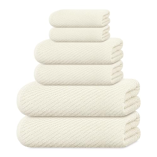 Tens Towels Pack of 6 Zero Twist Towels Set 2 Bath 2 Hand 2 Waschloths 100% Cotton Light Weight Extra Absorbent Exceptional Softness Perfect for Bathroom (Ivory)