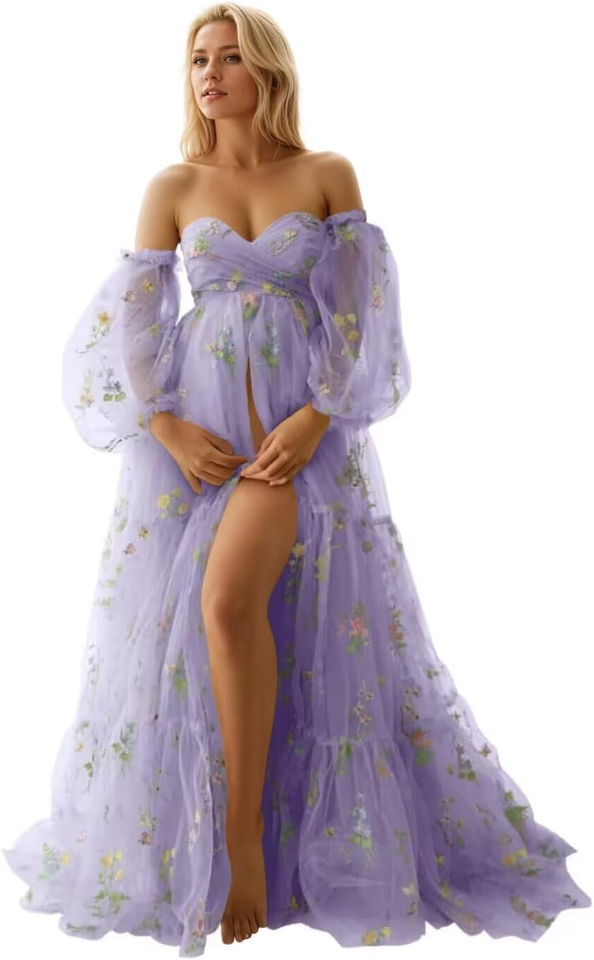 yinyyinhs Flower Embroidery Tulle Maternity Dresses for Photoshoot Long Puffy Sleeve Off Shoulder Pregnancy Baby Shower Dress
