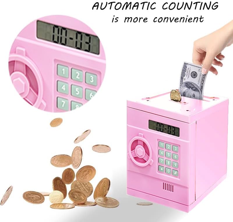 Miniatura 2 de Alcancía electrónica segura para niños, moneda en efectivo, mini alcancía de cajero automático, alcancía para niñas con contraseña y LCD, cajero
