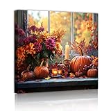 秋のカボチャキャンバスプリント菊の花ウォールアート居心地の良い活気に満ちた家の装飾リビングルームダイニングエリアまたは暖炉スペース80x80cmインナーフレーム