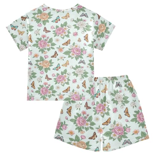 Pajama Short Sets Floral Butterflies Colorful Pattern Soft Cotton Summer Sleepwear 2 Piece PJS Size 5-14T2