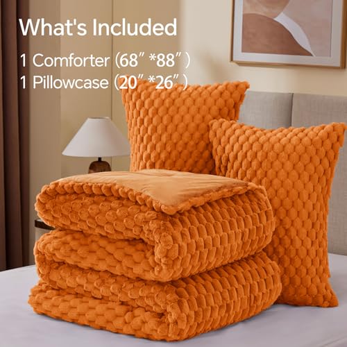 Image of BEDELITE Fluffy Twin Comforter Set - Burnt Orange Fleece Soft Comforter for Twin Size Bed, Luxury Warm Bedding Set for Winter, Fuzzy Bed Set 2 Pieces (1 Comforter, 1 Pillowcase)