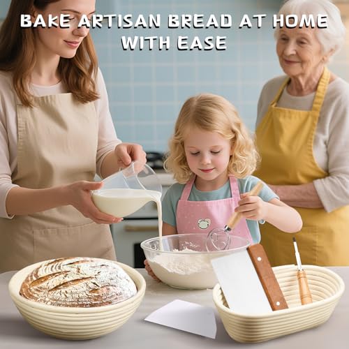 Image of Dimpola Banneton Bread Proofing Basket - Banneton Basket Set Sourdough Proofing Basket Round Proofing Bowls Handmade Rattan Baskets and Liners (Oval & Round Gift Set)