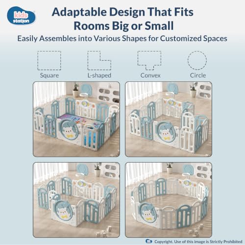 Image of Kids Station Baby Play Yard with Playmat, 20 Balls & Basketball Hoop, Bear Theme 150 x 180, Secure Playpen for Infants & Toddlers, Mesh Sides, Home Safety (Blue)