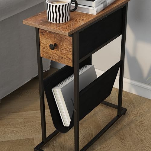 Image of EXOTICA Small Narrow End Table with Charging Station and USB Ports Slim Sofa Side Table with Fabric Drawer Record Stand Vinyl Regal Storage for Small Space in Living Room Bedroom Rustic Brown