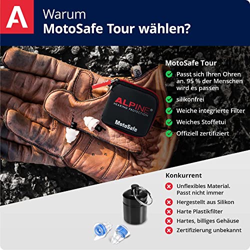 Alpine MotoSafe Tour Gehörschutz Ohrstöpsel Touringstöpsel - Verhindern Gehörschäden vom Motorradfahren - Verkehr noch hörbar - Bequemes hypoallergenes Material - Wiederverwendbar
