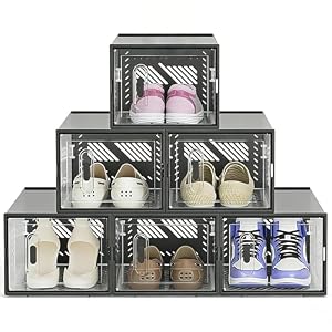 wesimple 靴収納ボックス 積み重ね可能 クリアオーガナイザー 防塵収納キャビネット スニーカー用 (6, ブラック)
