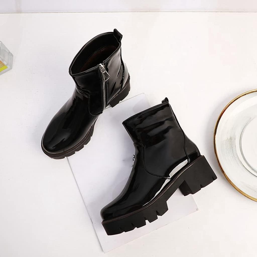 MIOKE Women's Fashion Platform Dressy Ankle Boots Patent Leather Round Toe Zip Chunky Mid Heel Short Booties