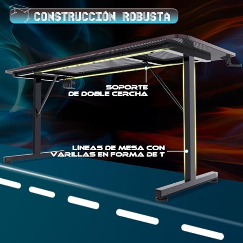 Miniatura 4 de Devoko Mesa Gaming 140 x 60 cm, Escritorio Gaming de Fibra de Carbono, Escritorio de Juego Ergonómico con Alfombrilla de Ratón, Ganchos para Auriculares y Soporte para Vasos de Agua
