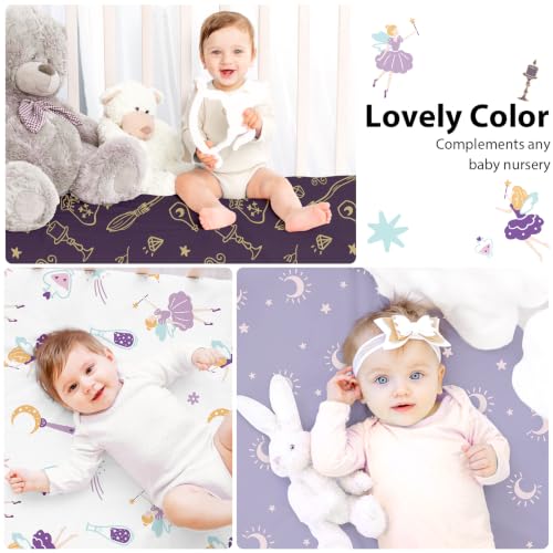 Image of Baby Crib Sheets Girl, 3 Pack Toddler Bed Sheets Fitted for 52 inchx28 inch Standard Crib and Toddler Mattresses, Super Soft Microfiber Purple Magic Fairy