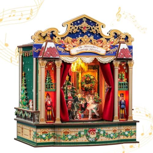 CUTEBEE 3D Holzpuzzle Erwachsene – Musiktheater Drehbühne 3 Szenen | DIY Miniatur-Theater, 387 Teile, Warmes LED-Licht, Bücherregal-Deko