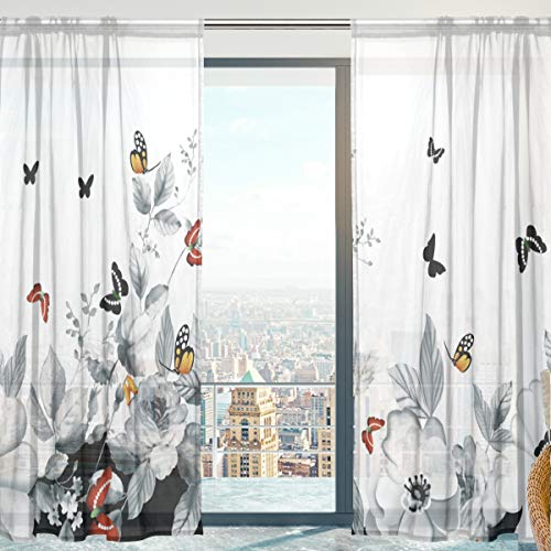 Mnsruu Lot de 2 rideaux en voile transparent doux pour chambre à coucher et salon Motif papillons et cerises 140 x 198 cm